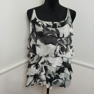 New York & Company Black‎ and White Floral Ruffle Tank Top